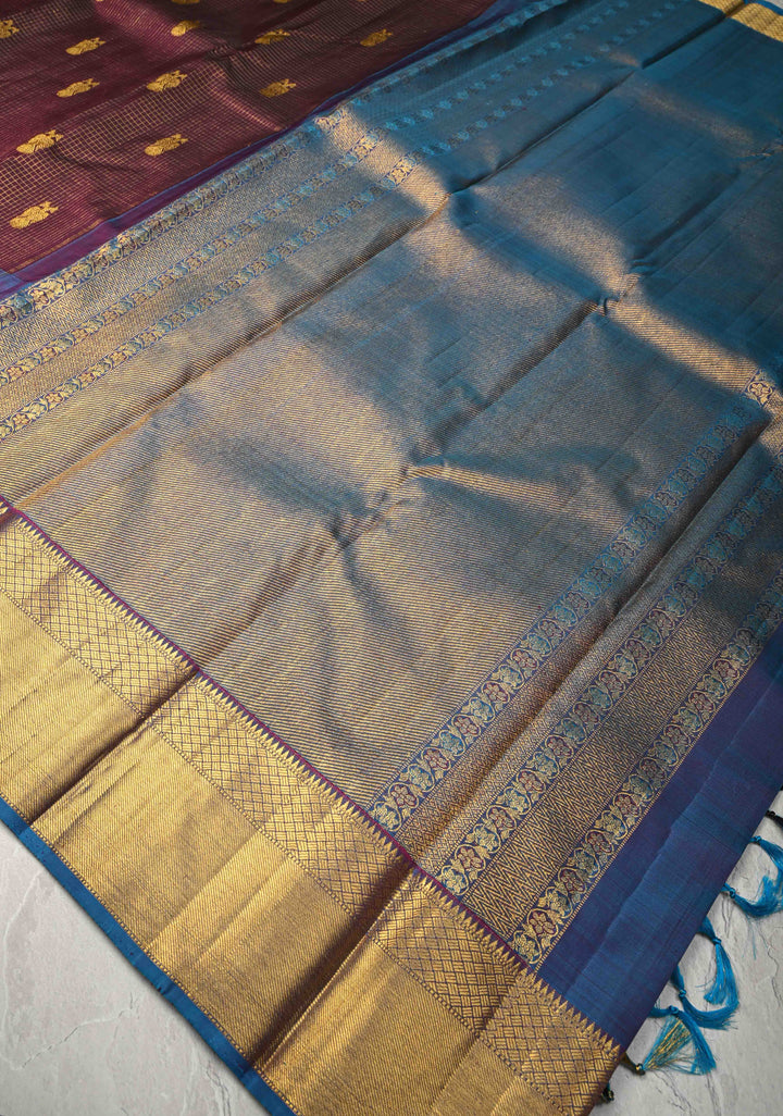 Heritage Podi Kattam Zari checks and Gandaberunda Buttas on Kanchana Pure Silk Kanjivaram Saree with Panel Border | Silk Mark Certified | SHOBITAM
