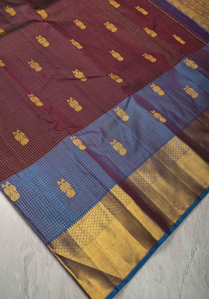 Heritage Podi Kattam Zari checks and Gandaberunda Buttas on Kanchana Pure Silk Kanjivaram Saree with Panel Border | Silk Mark Certified | SHOBITAM