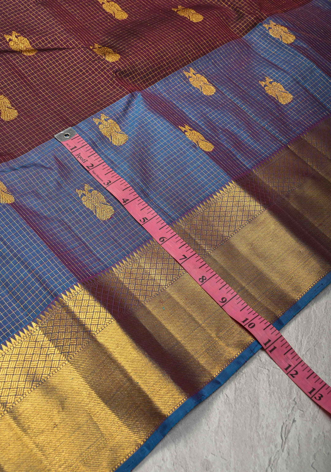 Heritage Podi Kattam Zari checks and Gandaberunda Buttas on Kanchana Pure Silk Kanjivaram Saree with Panel Border | Silk Mark Certified | SHOBITAM