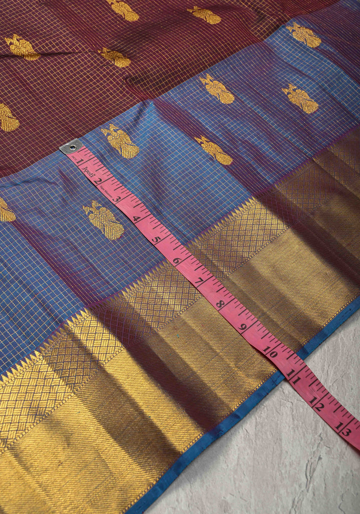 Heritage Podi Kattam Zari checks and Gandaberunda Buttas on Kanchana Pure Silk Kanjivaram Saree with Panel Border | Silk Mark Certified | SHOBITAM