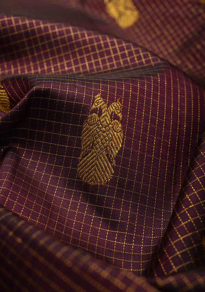 Heritage Podi Kattam Zari checks and Gandaberunda Buttas on Kanchana Pure Silk Kanjivaram Saree with Panel Border | Silk Mark Certified | SHOBITAM