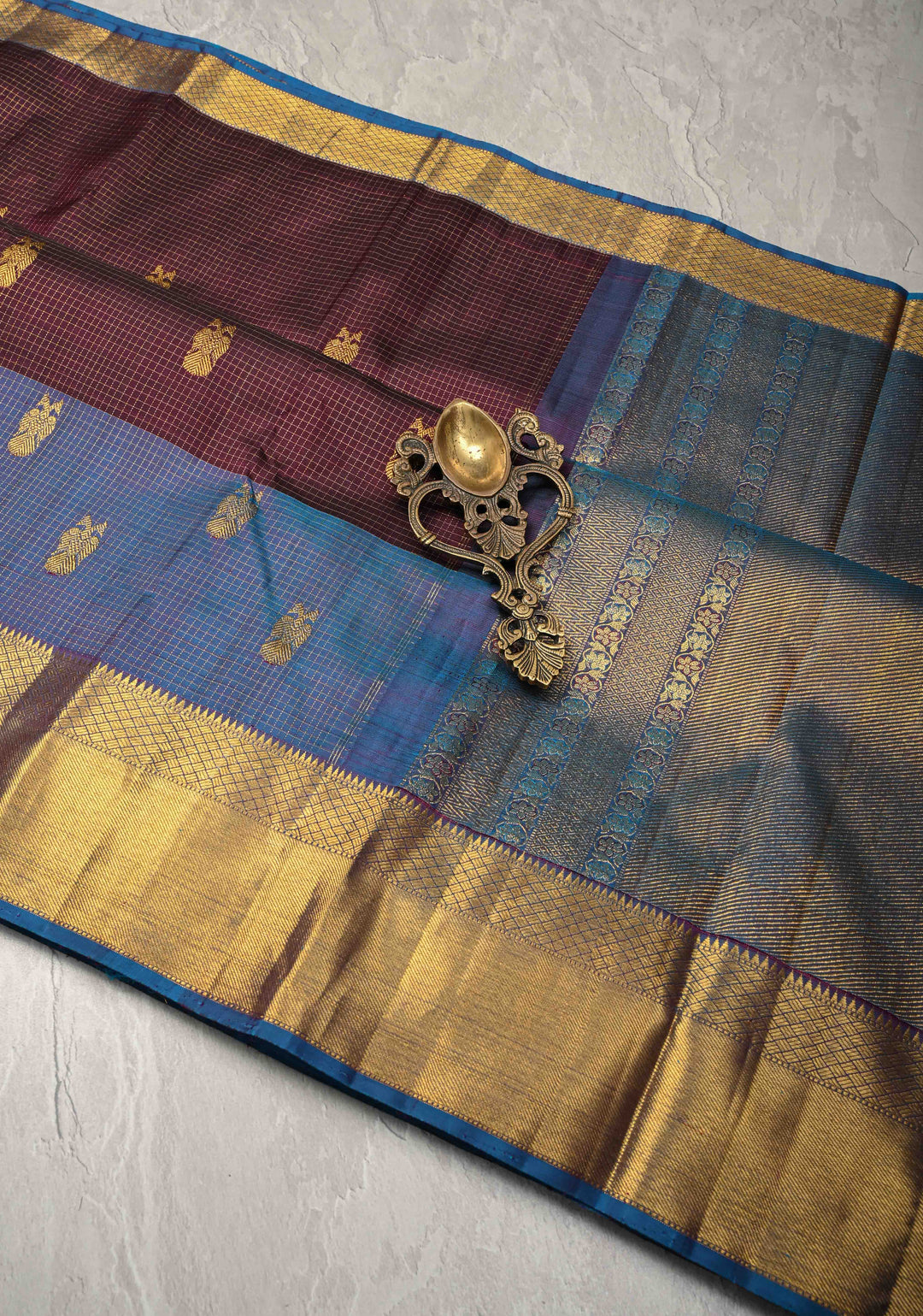 Heritage Podi Kattam Zari checks and Gandaberunda Buttas on Kanchana Pure Silk Kanjivaram Saree with Panel Border | Silk Mark Certified | SHOBITAM
