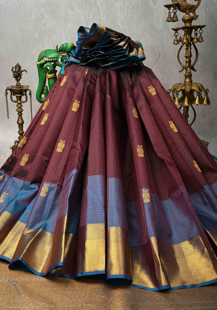 Heritage Podi Kattam Zari checks and Gandaberunda Buttas on Kanchana Pure Silk Kanjivaram Saree with Panel Border | Silk Mark Certified | SHOBITAM