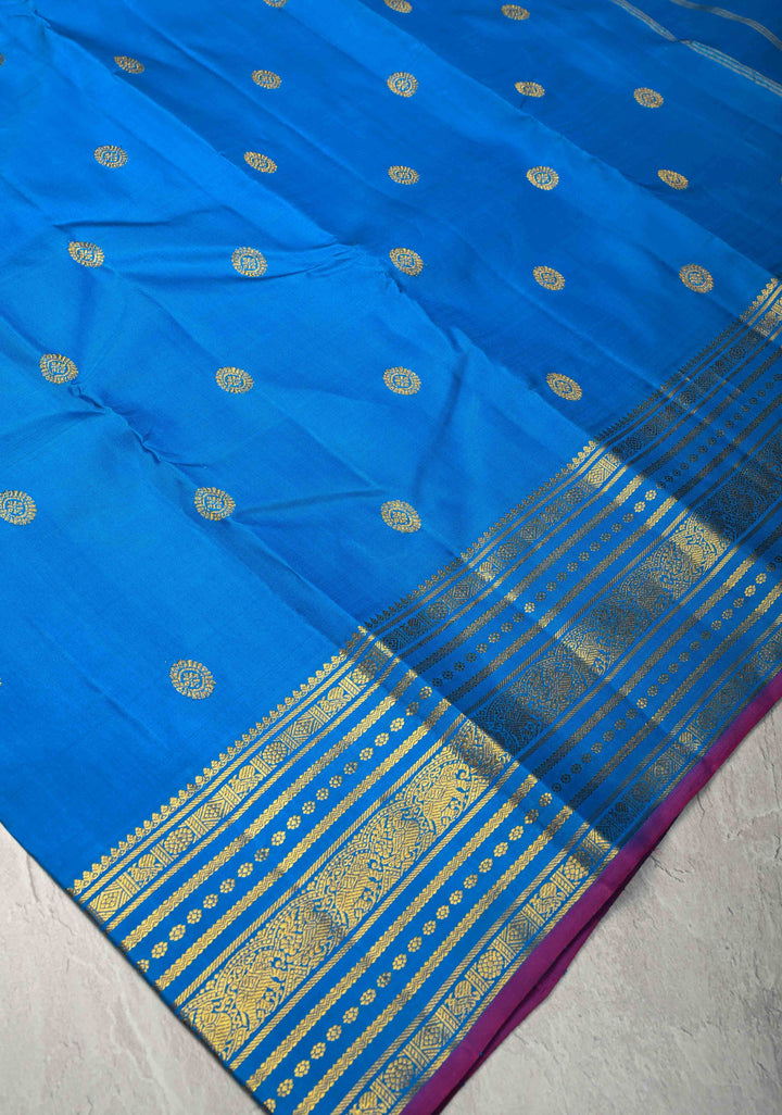 Ananda Blue Kanjivaram Pure Silk Saree with Zari Buttas and Zari Border | SILK MARK CERTIFIED
