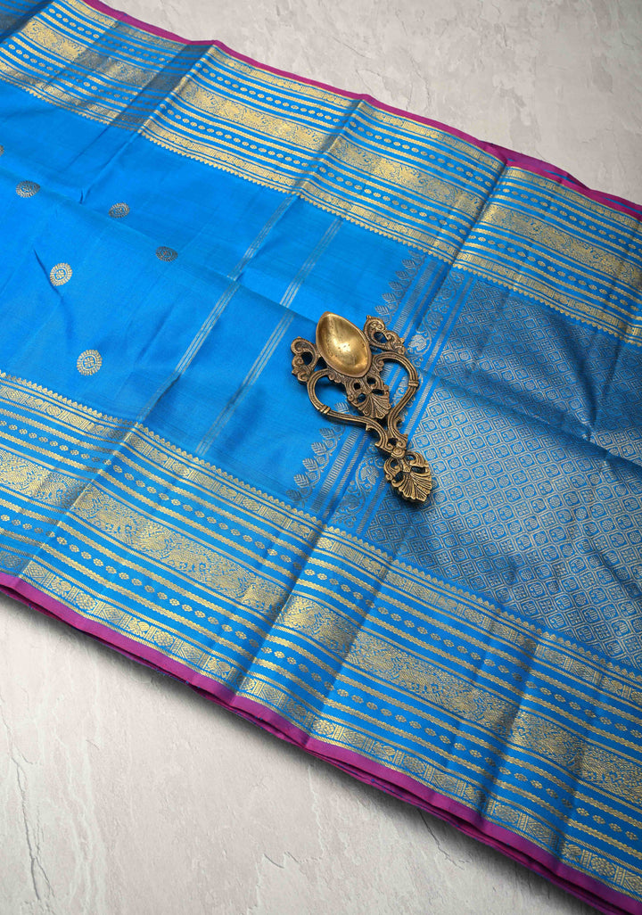 Ananda Blue Kanjivaram Pure Silk Saree with Zari Buttas and Zari Border | SILK MARK CERTIFIED