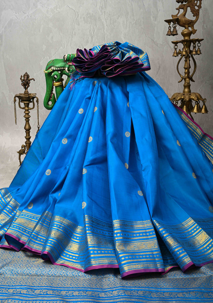 Ananda Blue Kanjivaram Pure Silk Saree with Zari Buttas and Zari Border | SILK MARK CERTIFIED