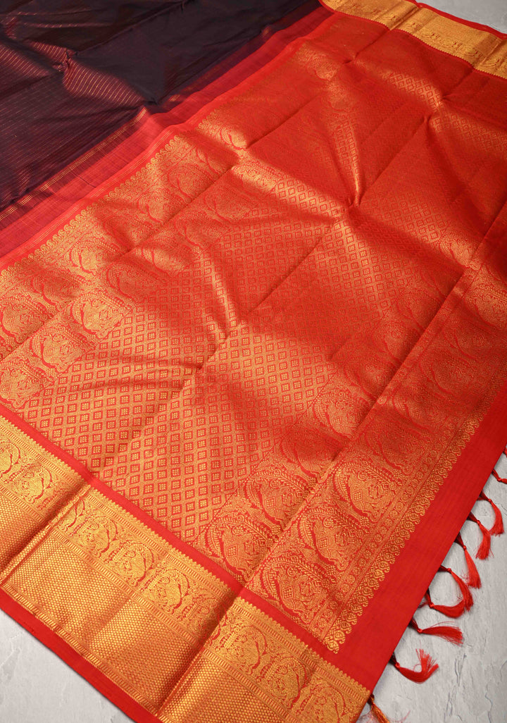 Brown Kanjivaram Pure Silk Saree with Zari Stripes and Contrast Zari Border | SILK MARK CERTIFIED