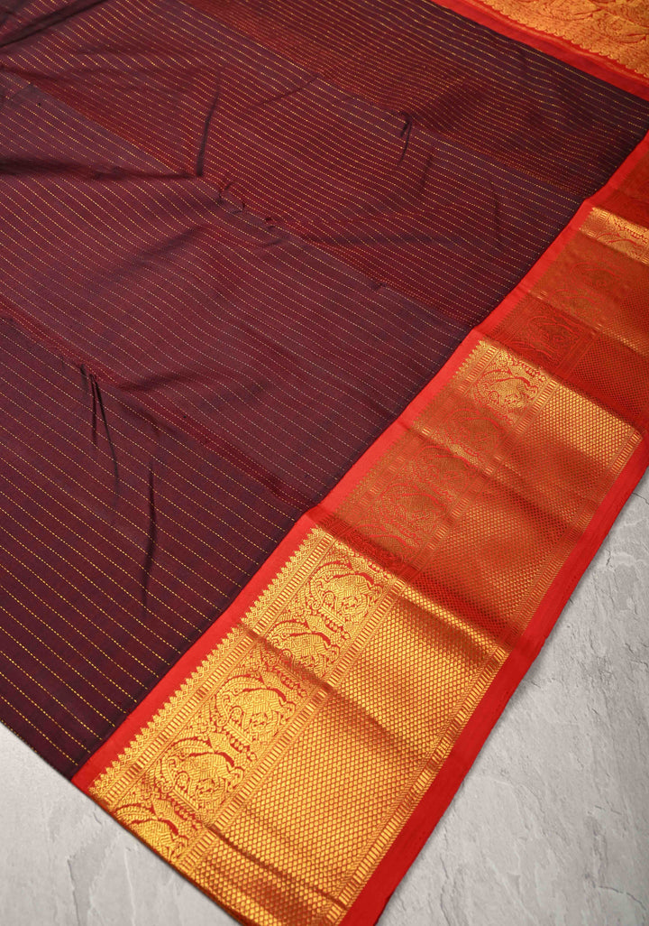 Brown Kanjivaram Pure Silk Saree with Zari Stripes and Contrast Zari Border | SILK MARK CERTIFIED