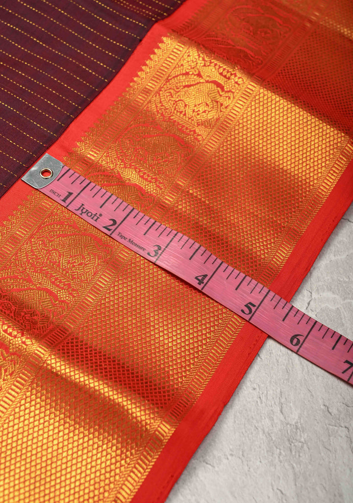 Brown Kanjivaram Pure Silk Saree with Zari Stripes and Contrast Zari Border | SILK MARK CERTIFIED