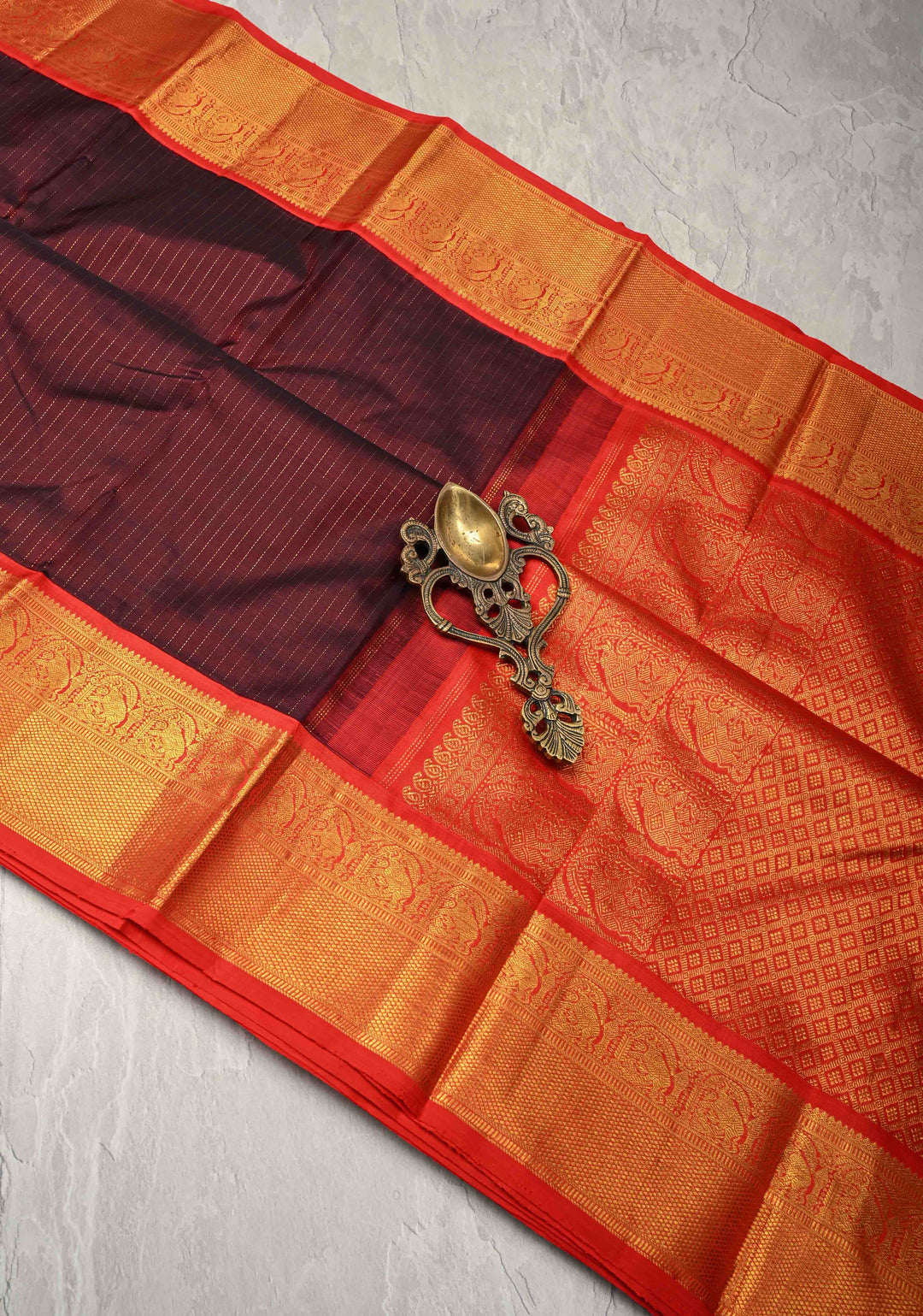 Brown Kanjivaram Pure Silk Saree with Zari Stripes and Contrast Zari Border | SILK MARK CERTIFIED