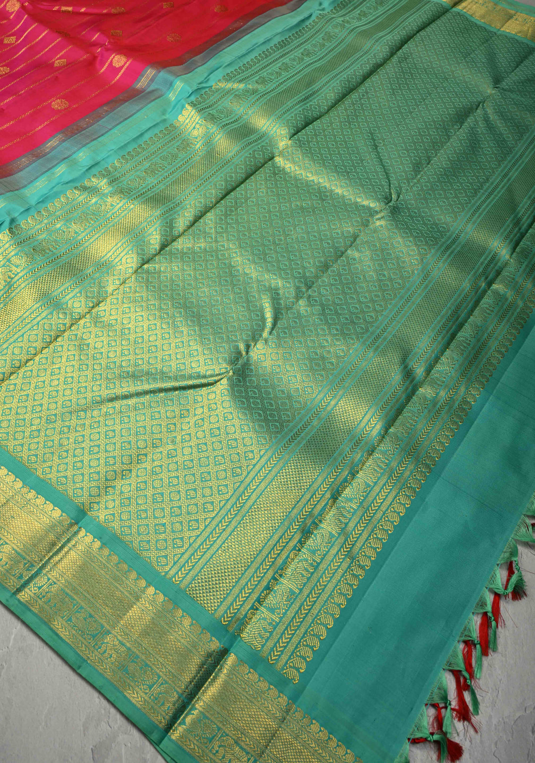 Rani Pink Zari Stripes on Korvai Kanjivaram Pure Silk Saree with Zari Buttas and Contrast Zari Border | SILK MARK CERTIFIED