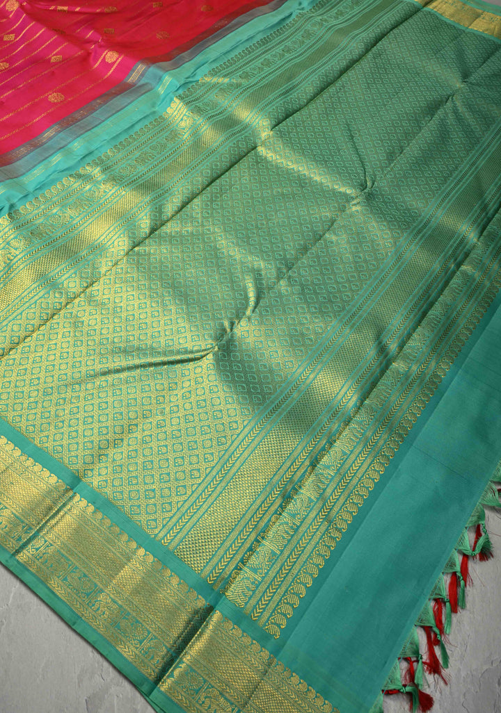 Rani Pink Zari Stripes on Korvai Kanjivaram Pure Silk Saree with Zari Buttas and Contrast Zari Border | SILK MARK CERTIFIED