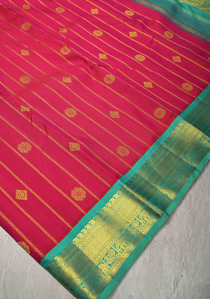 Rani Pink Zari Stripes on Korvai Kanjivaram Pure Silk Saree with Zari Buttas and Contrast Zari Border | SILK MARK CERTIFIED