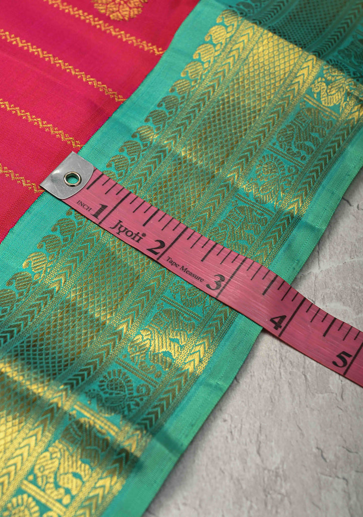 Rani Pink Zari Stripes on Korvai Kanjivaram Pure Silk Saree with Zari Buttas and Contrast Zari Border | SILK MARK CERTIFIED
