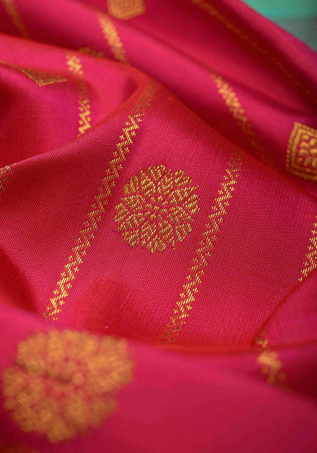 Rani Pink Zari Stripes on Korvai Kanjivaram Pure Silk Saree with Zari Buttas and Contrast Zari Border | SILK MARK CERTIFIED