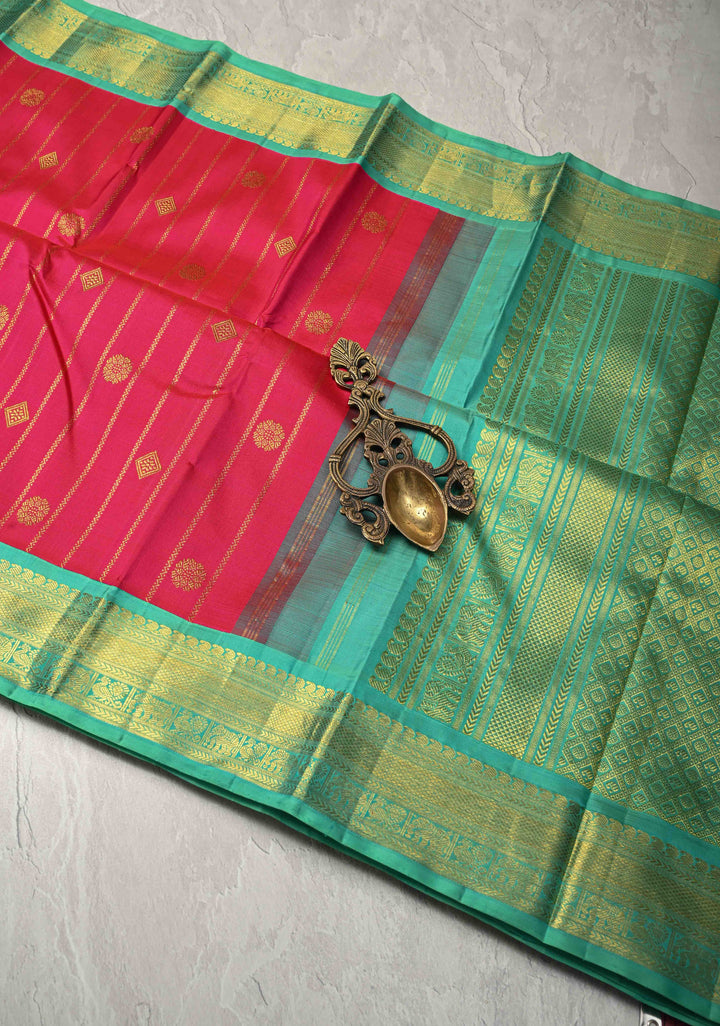 Rani Pink Zari Stripes on Korvai Kanjivaram Pure Silk Saree with Zari Buttas and Contrast Zari Border | SILK MARK CERTIFIED