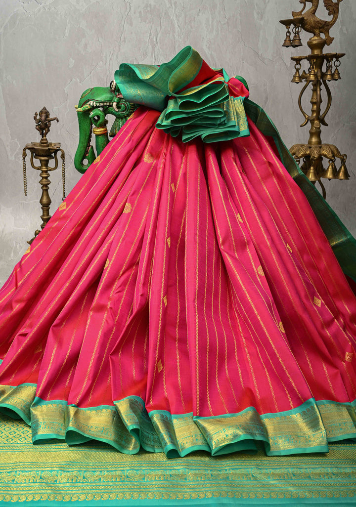 Rani Pink Zari Stripes on Korvai Kanjivaram Pure Silk Saree with Zari Buttas and Contrast Zari Border | SILK MARK CERTIFIED