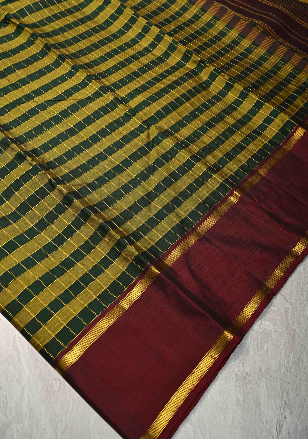 Green-Olive Green Kanjivaram Pure Silk Saree with Zari Checks and Contrast Rettaipet Border | SILK MARK CERTIFIED
