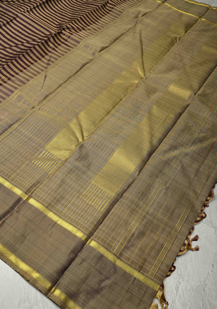 Dark Plum-Taupe Kanjivaram Pure Silk Saree with Zari Checks and Rettaipet Border | SILK MARK CERTIFIED