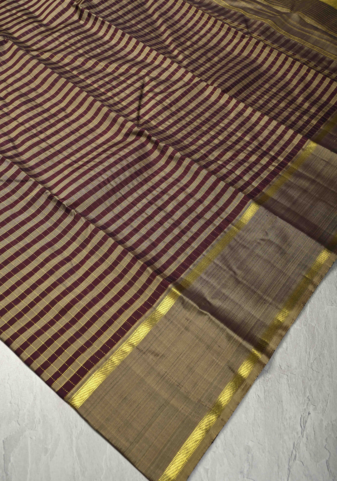 Dark Plum-Taupe Kanjivaram Pure Silk Saree with Zari Checks and Rettaipet Border | SILK MARK CERTIFIED