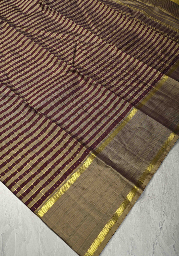 Dark Plum-Taupe Kanjivaram Pure Silk Saree with Zari Checks and Rettaipet Border | SILK MARK CERTIFIED