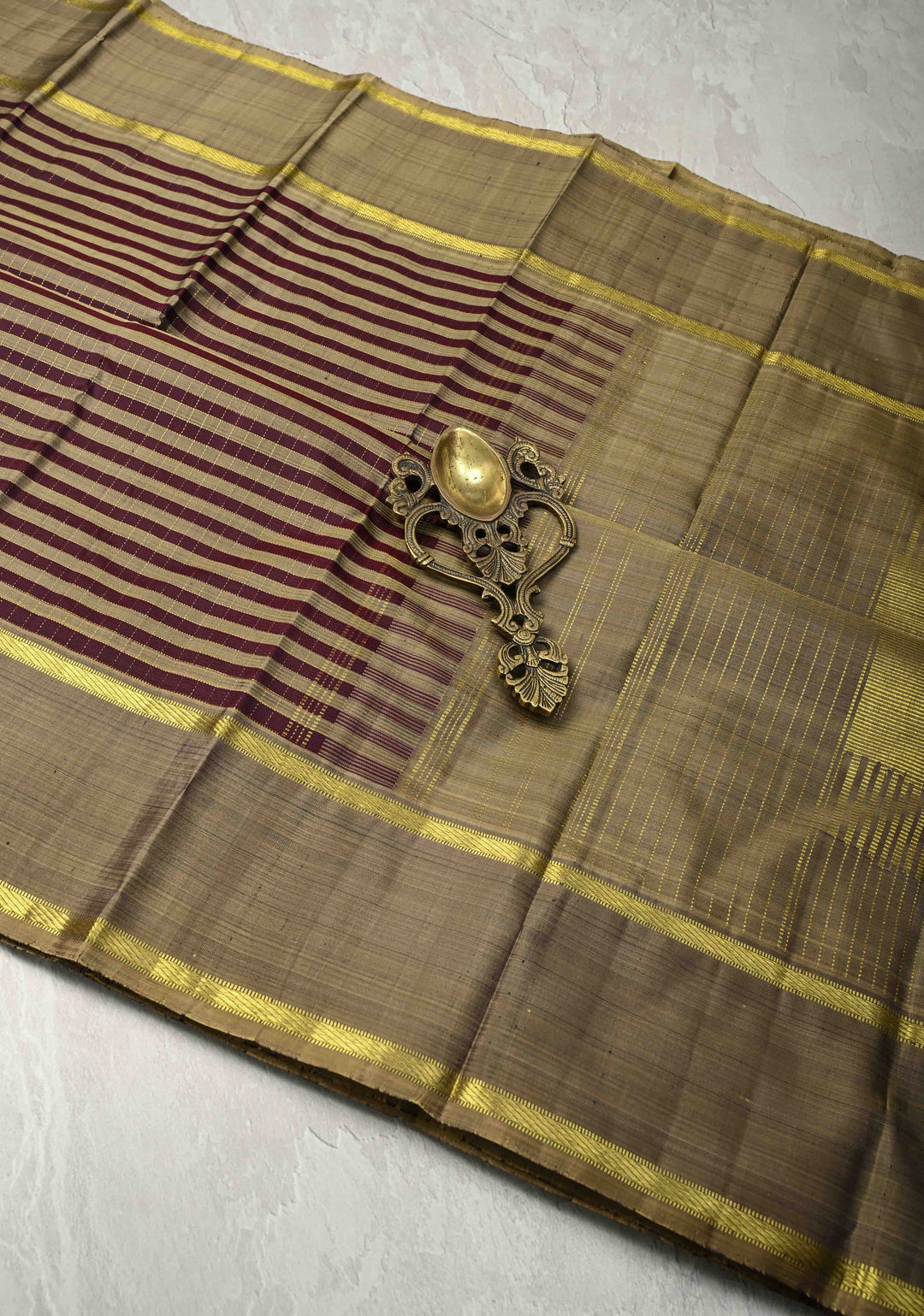 Dark Plum-Taupe Kanjivaram Pure Silk Saree with Zari Checks and Rettaipet Border | SILK MARK CERTIFIED