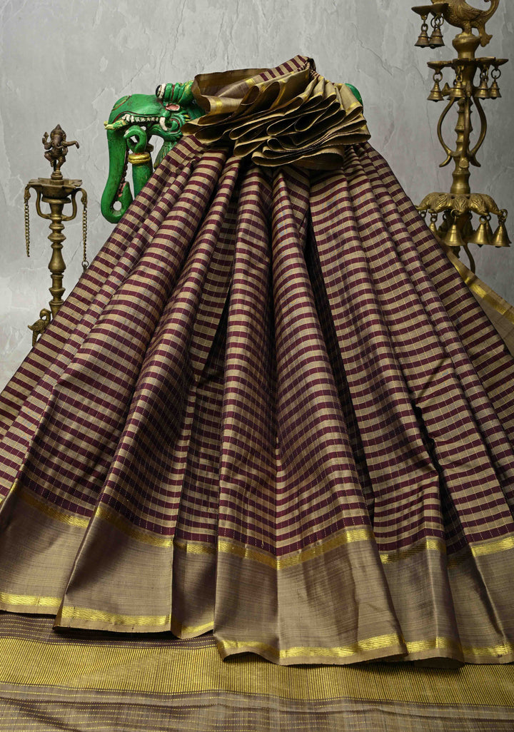 Dark Plum-Taupe Kanjivaram Pure Silk Saree with Zari Checks and Rettaipet Border | SILK MARK CERTIFIED