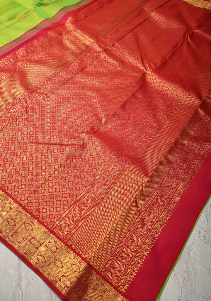 Chartreuse Korvai Kanjivaram Pure Silk Saree with Zari Buttas and Contrast Zari Border | SILK MARK CERTIFIED
