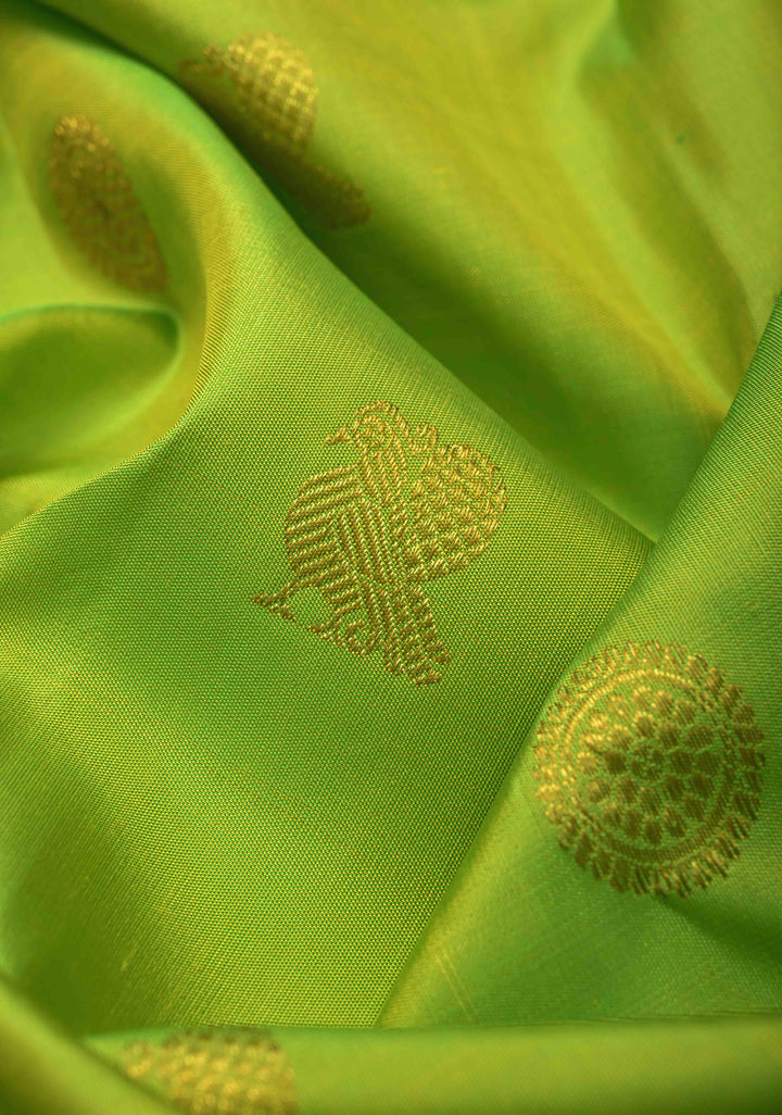 Chartreuse Korvai Kanjivaram Pure Silk Saree with Zari Buttas and Contrast Zari Border | SILK MARK CERTIFIED