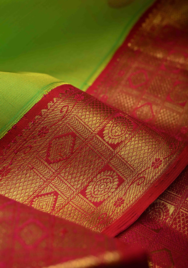 Chartreuse Korvai Kanjivaram Pure Silk Saree with Zari Buttas and Contrast Zari Border | SILK MARK CERTIFIED