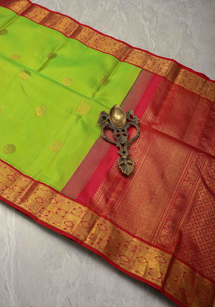 Chartreuse Korvai Kanjivaram Pure Silk Saree with Zari Buttas and Contrast Zari Border | SILK MARK CERTIFIED