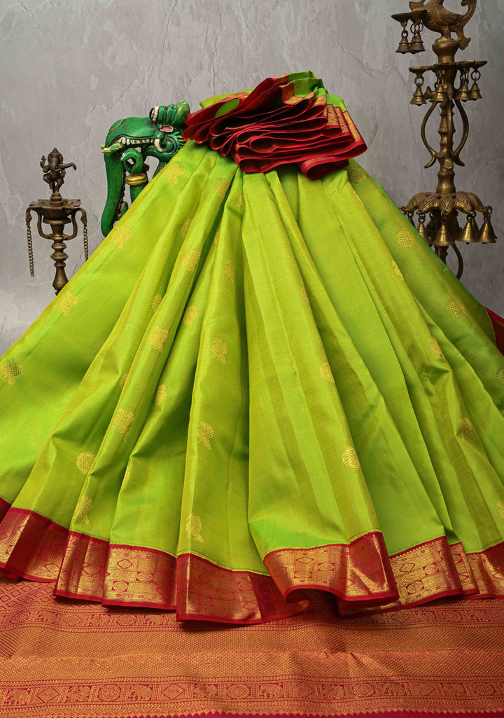 Chartreuse Korvai Kanjivaram Pure Silk Saree with Zari Buttas and Contrast Zari Border | SILK MARK CERTIFIED
