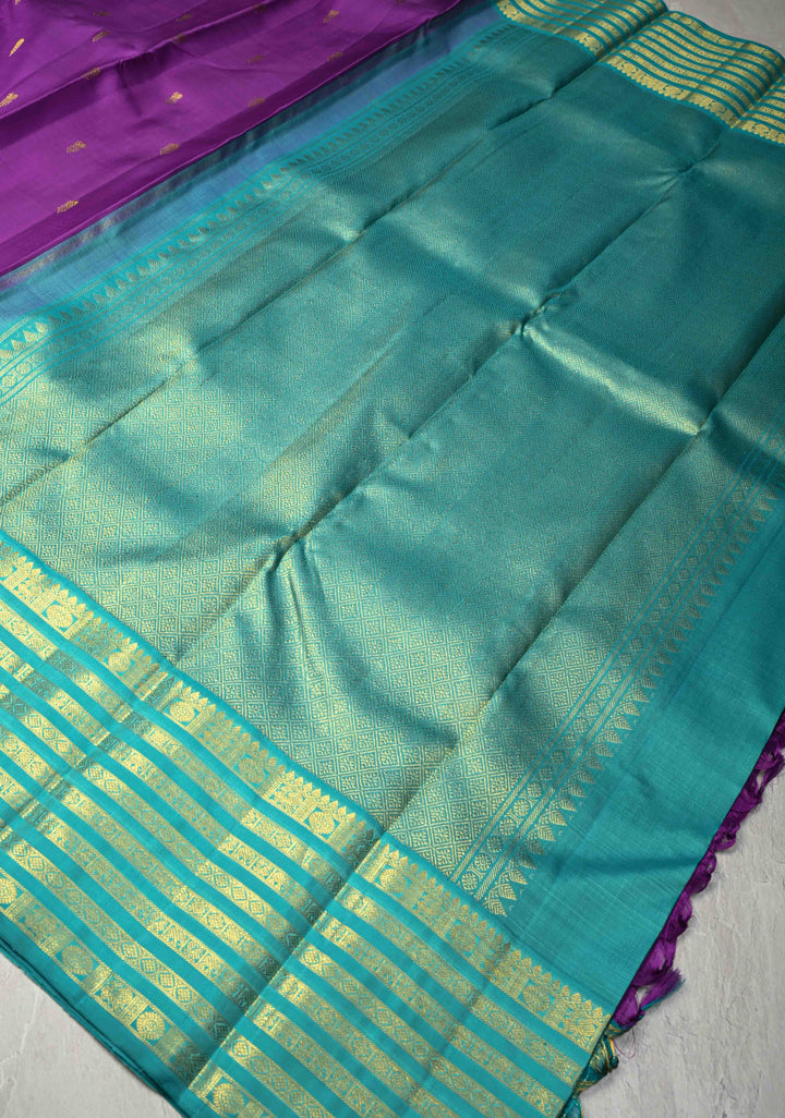 Dark Purple Korvai Kanjivaram Pure Silk Saree with Zari Buttas and Contrast Zari Border | SILK MARK CERTIFIED