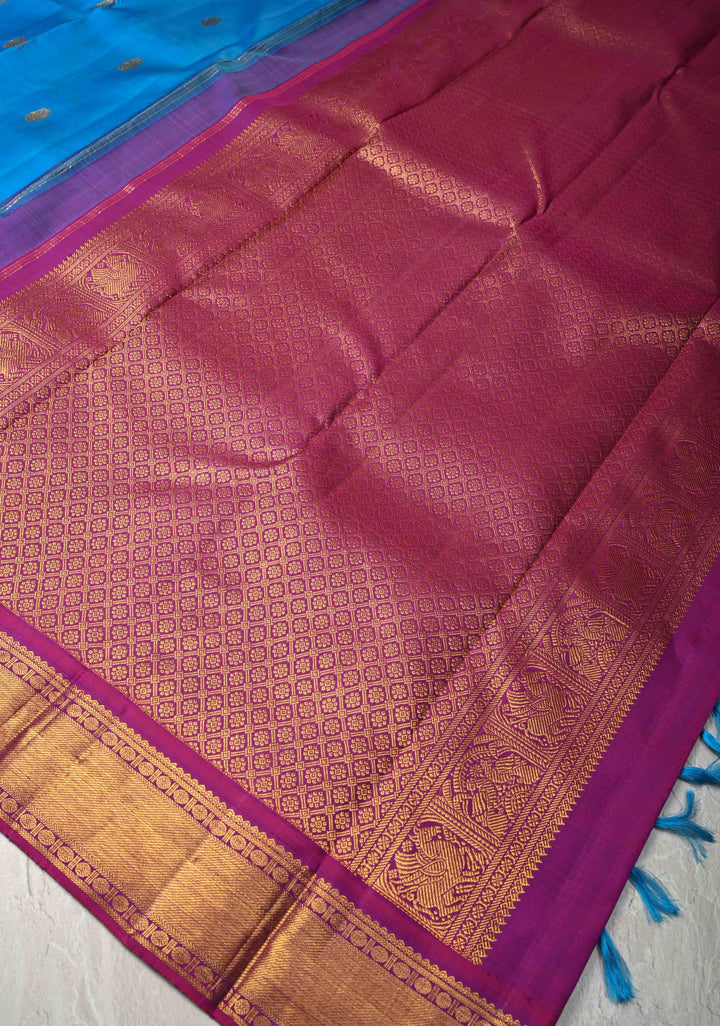 Azure blue Korvai Kanjivaram Pure Silk Saree with Zari Buttas and Contrast Zari Border | SILK MARK CERTIFIED