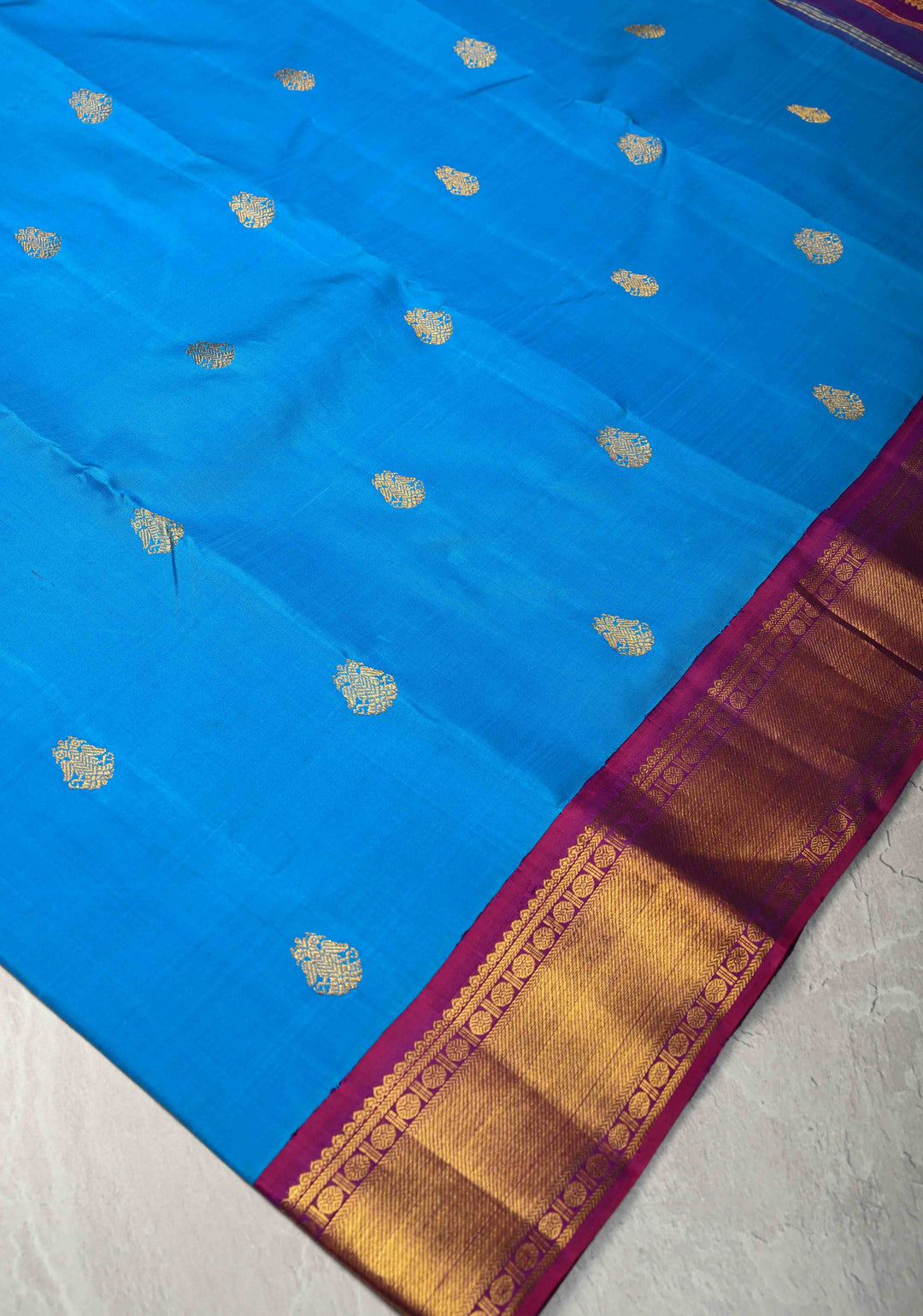 Azure blue Korvai Kanjivaram Pure Silk Saree with Zari Buttas and Contrast Zari Border | SILK MARK CERTIFIED