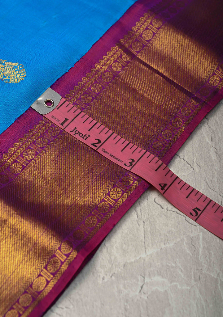 Azure blue Korvai Kanjivaram Pure Silk Saree with Zari Buttas and Contrast Zari Border | SILK MARK CERTIFIED