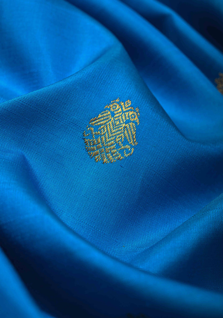 Azure blue Korvai Kanjivaram Pure Silk Saree with Zari Buttas and Contrast Zari Border | SILK MARK CERTIFIED