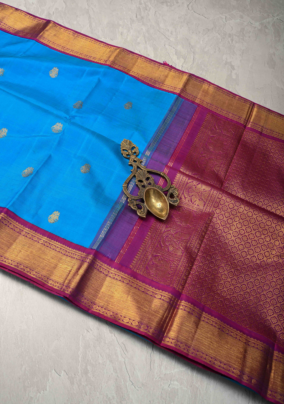 Azure blue Korvai Kanjivaram Pure Silk Saree with Zari Buttas and Contrast Zari Border | SILK MARK CERTIFIED