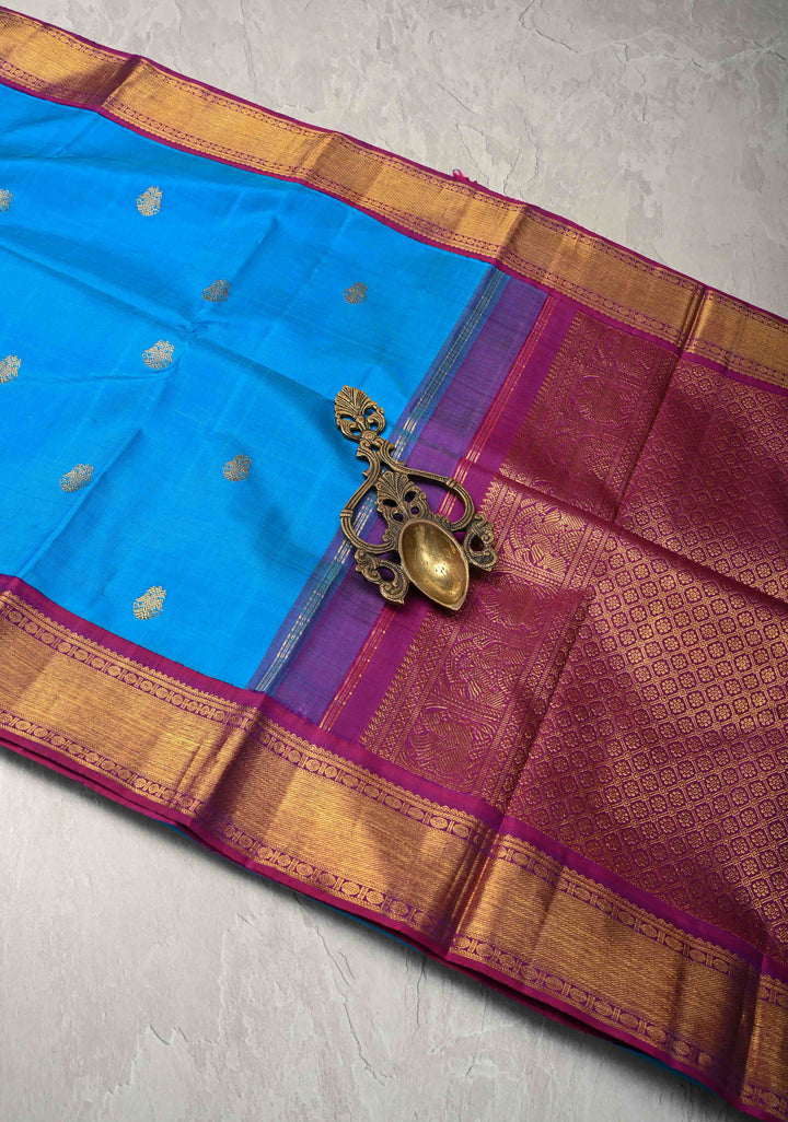 Azure blue Korvai Kanjivaram Pure Silk Saree with Zari Buttas and Contrast Zari Border | SILK MARK CERTIFIED