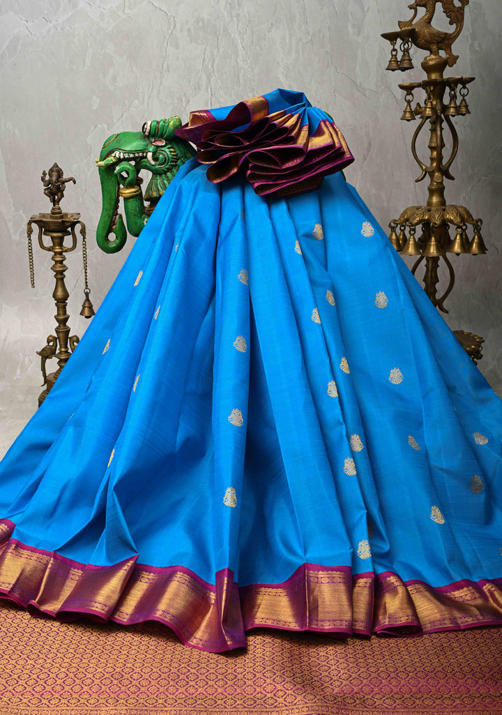 Azure blue Korvai Kanjivaram Pure Silk Saree with Zari Buttas and Contrast Zari Border | SILK MARK CERTIFIED