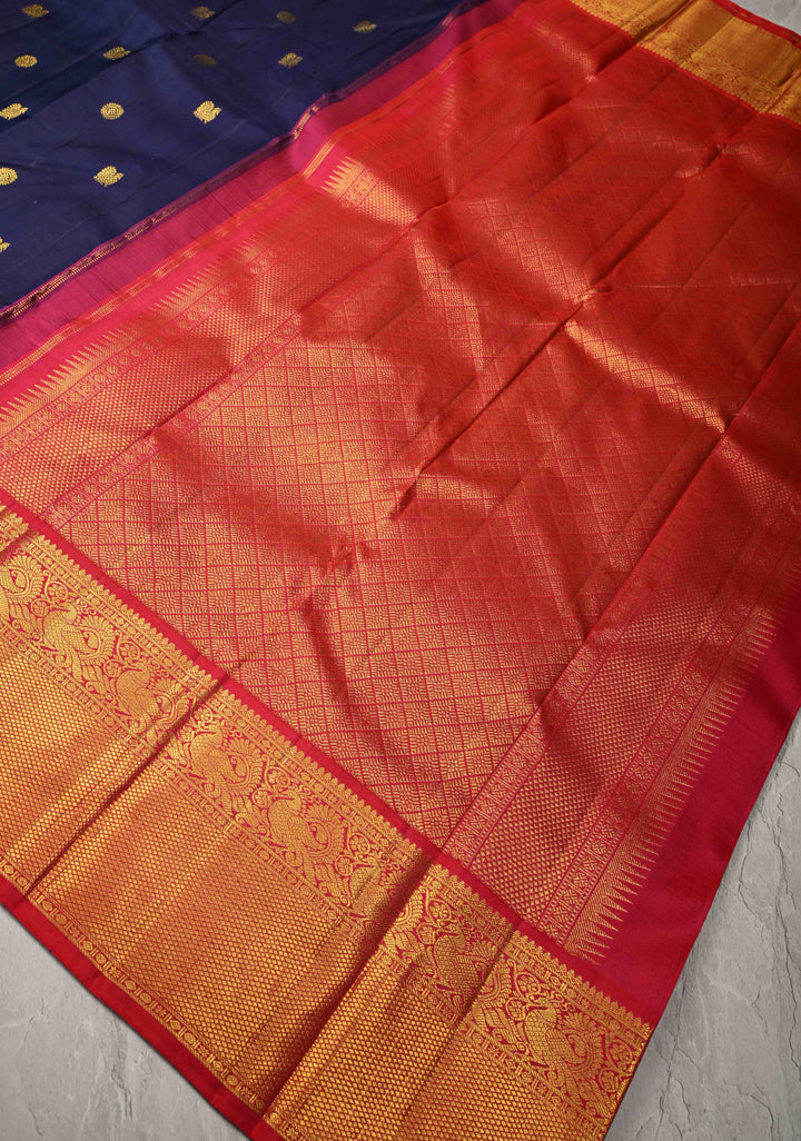 Navy Blue  Korvai Kanjivaram Pure Silk Saree with Zari Buttas  and Contrast Zari Border | SILK MARK CERTIFIED