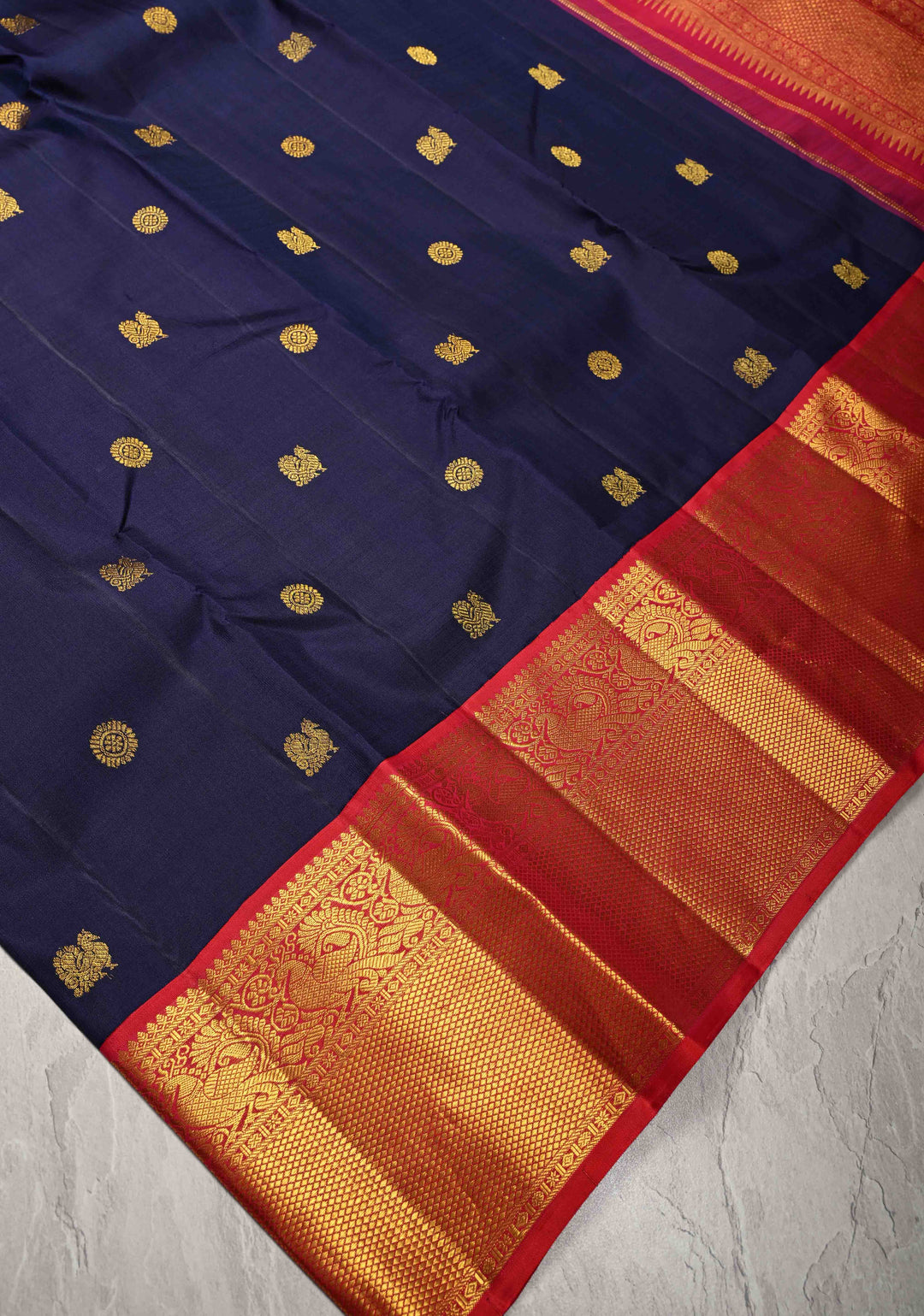 Navy Blue  Korvai Kanjivaram Pure Silk Saree with Zari Buttas  and Contrast Zari Border | SILK MARK CERTIFIED