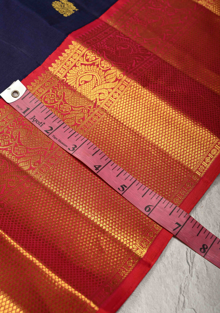 Navy Blue  Korvai Kanjivaram Pure Silk Saree with Zari Buttas  and Contrast Zari Border | SILK MARK CERTIFIED