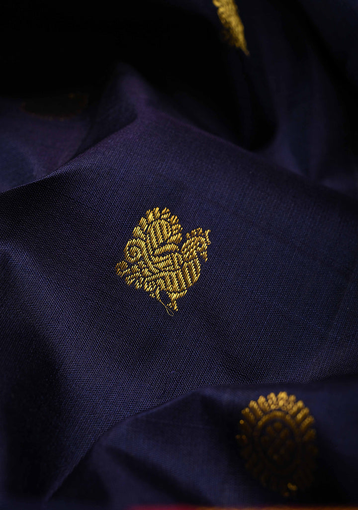 Navy Blue  Korvai Kanjivaram Pure Silk Saree with Zari Buttas  and Contrast Zari Border | SILK MARK CERTIFIED