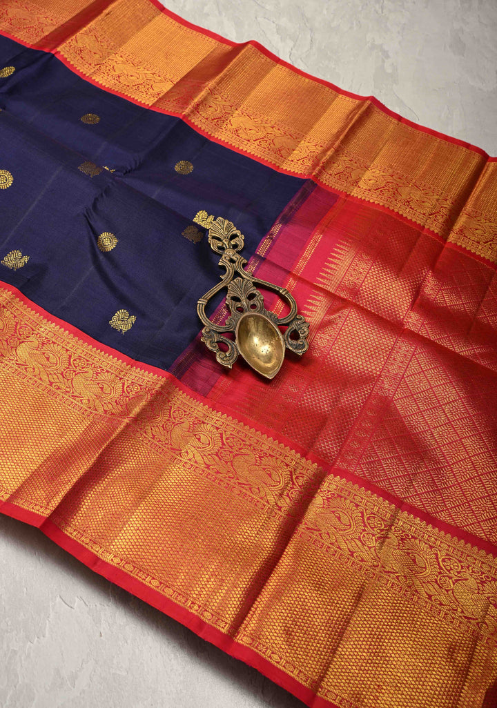 Navy Blue  Korvai Kanjivaram Pure Silk Saree with Zari Buttas  and Contrast Zari Border | SILK MARK CERTIFIED