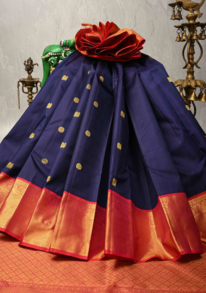 Navy Blue  Korvai Kanjivaram Pure Silk Saree with Zari Buttas  and Contrast Zari Border | SILK MARK CERTIFIED