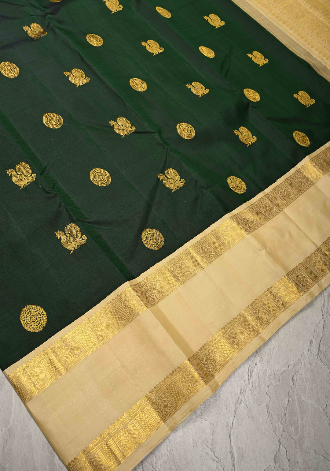 Bottle Green Kanjivaram Pure Silk Saree with Zari Buttas and Korvai Contrast Rettaipet Zari Border | SILK MARK CERTIFIED
