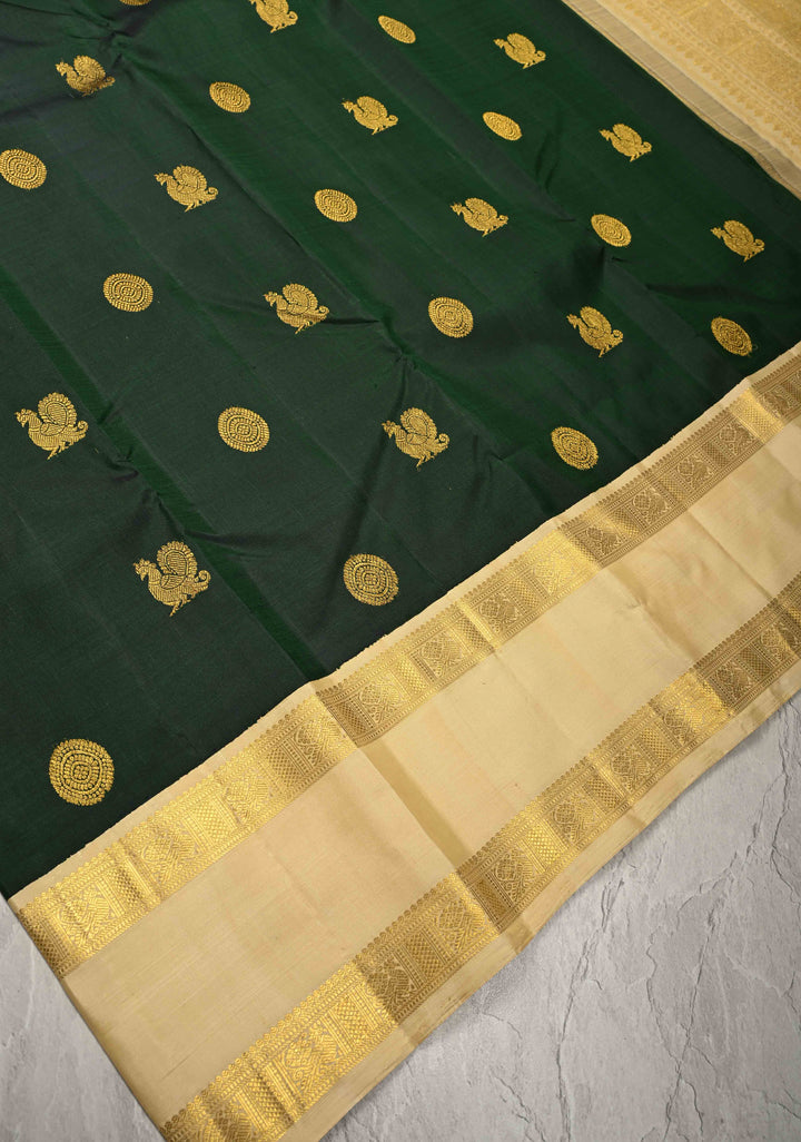 Bottle Green Kanjivaram Pure Silk Saree with Zari Buttas and Korvai Contrast Rettaipet Zari Border | SILK MARK CERTIFIED