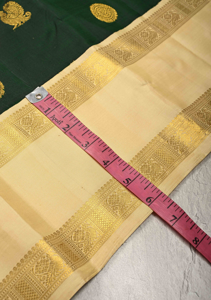 Bottle Green Kanjivaram Pure Silk Saree with Zari Buttas and Korvai Contrast Rettaipet Zari Border | SILK MARK CERTIFIED