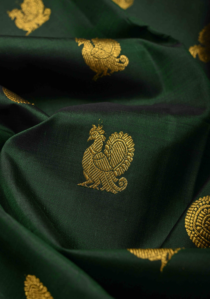 Bottle Green Kanjivaram Pure Silk Saree with Zari Buttas and Korvai Contrast Rettaipet Zari Border | SILK MARK CERTIFIED
